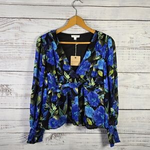 Blu Pepper Blue Floral Peplum Blouse NWT Size S Cottagecore Boho Long Sleeve